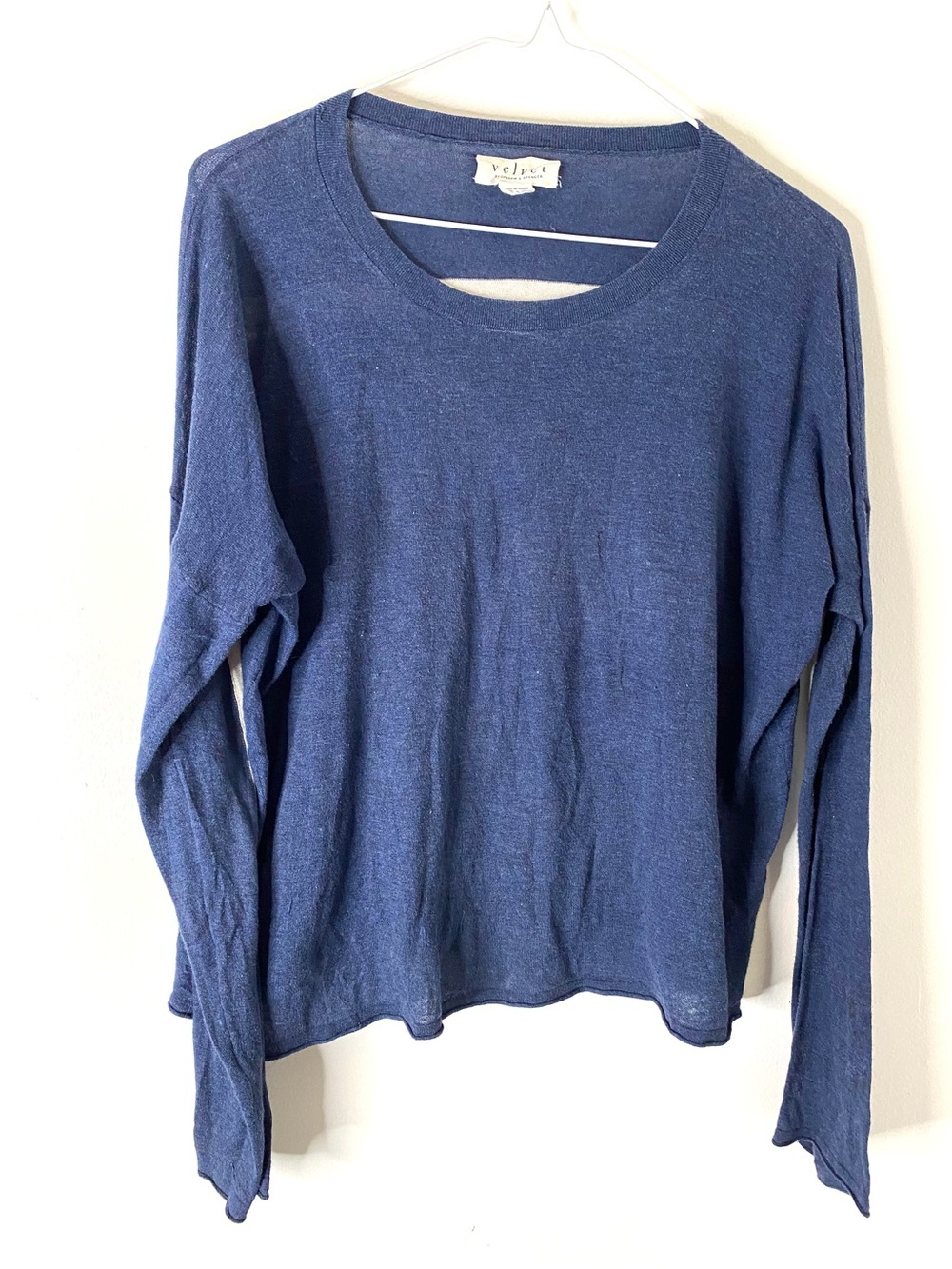 Velvet by Graham & Spencer Navy Blue Sheer Cotton Long Sleeve Knit Top